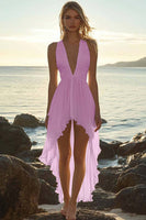 Laden Sie das Bild in den Galerie-Viewer, Elfenbein Chiffon High-Low V-Ausschnitt A-Linien Boho Kleid
