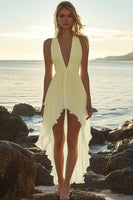 Laden Sie das Bild in den Galerie-Viewer, Elfenbein Chiffon High-Low V-Ausschnitt A-Linien Boho Kleid