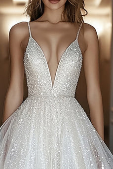 Elfenbein Glitzer A-Linie Standesamtkleid mit V-Ausschnitt