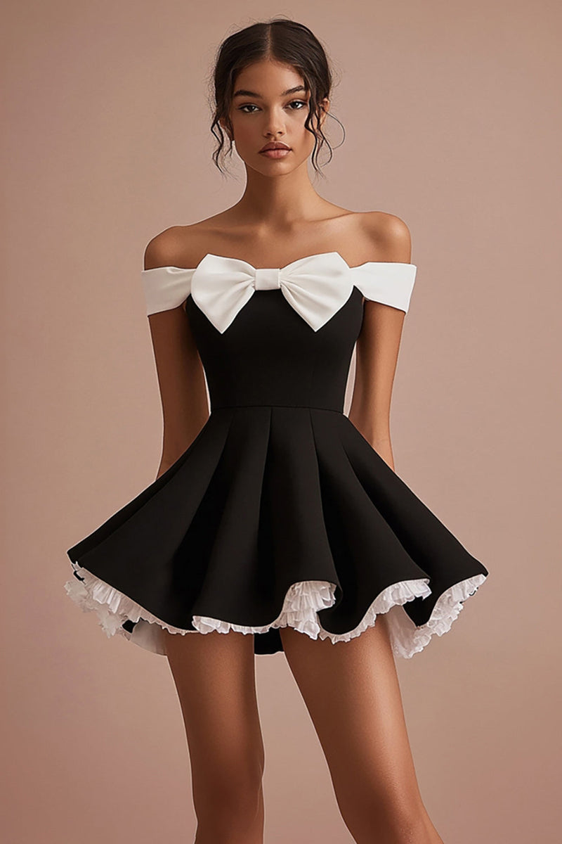 Laden Sie das Bild in den Galerie-Viewer, Schwarzes Kurzes Abschlusskleid in A-Linie mit Schleife