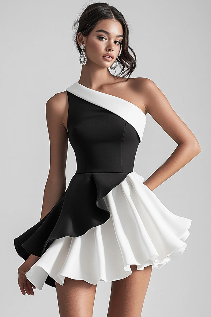 Laden Sie das Bild in den Galerie-Viewer, Schwarz Weißes Kurzes Abschlusskleid aus Satin mit einer Schulter
