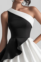 Laden Sie das Bild in den Galerie-Viewer, Schwarz Weißes Kurzes Abschlusskleid aus Satin mit einer Schulter