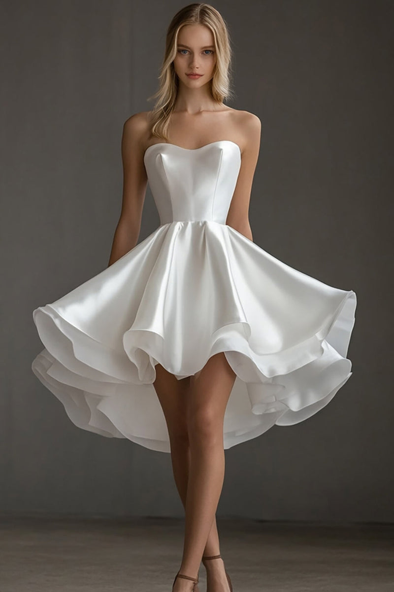 Laden Sie das Bild in den Galerie-Viewer, Weißes Trägerloses Standesamtkleid aus Satin in A-Linie