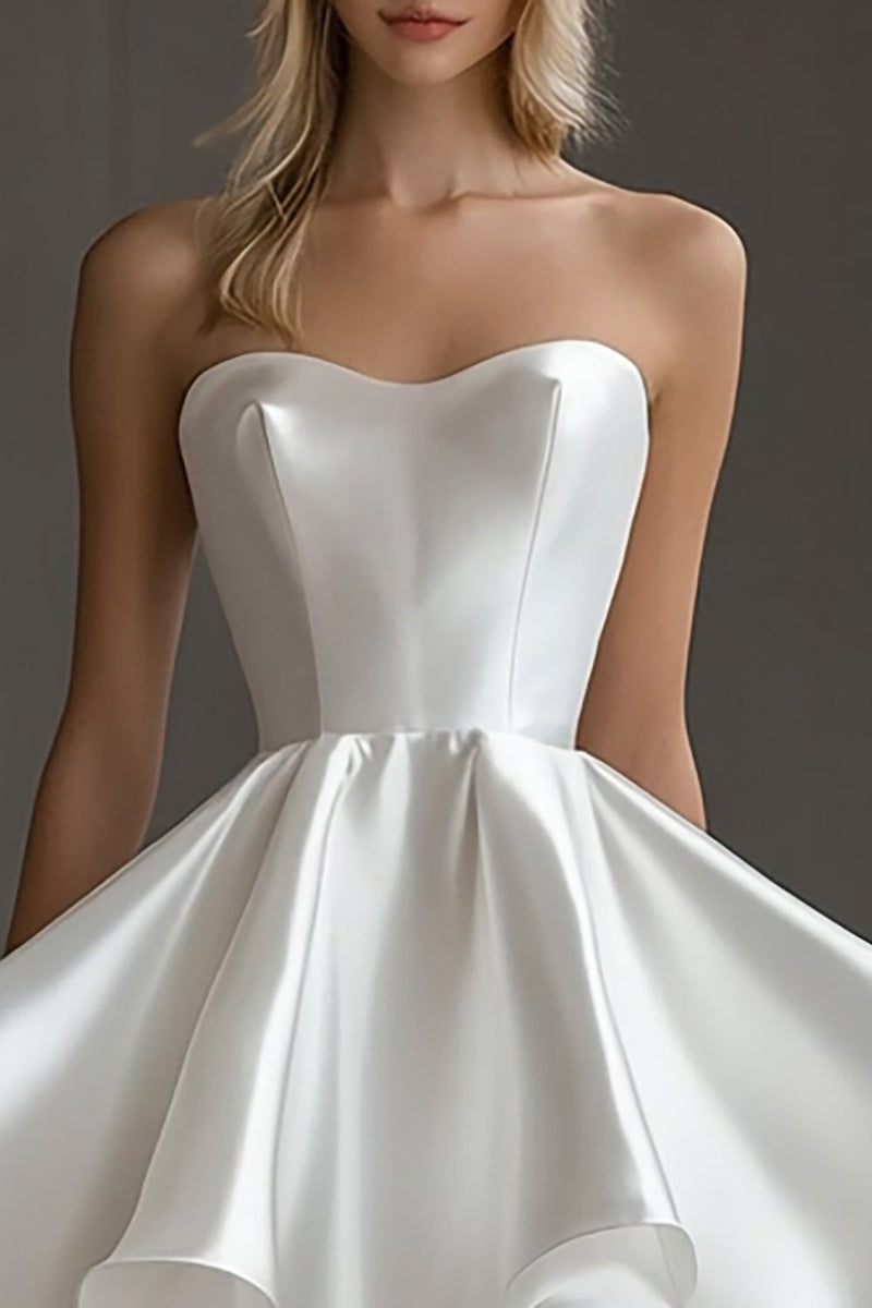 Laden Sie das Bild in den Galerie-Viewer, Weißes Trägerloses Standesamtkleid aus Satin in A-Linie