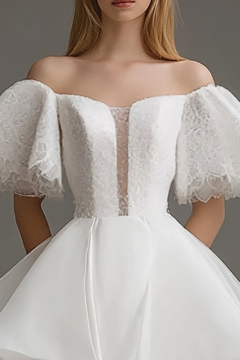 Laden Sie das Bild in den Galerie-Viewer, Weißes Schulterfreies Standesamtkleid aus Tüll Spitze