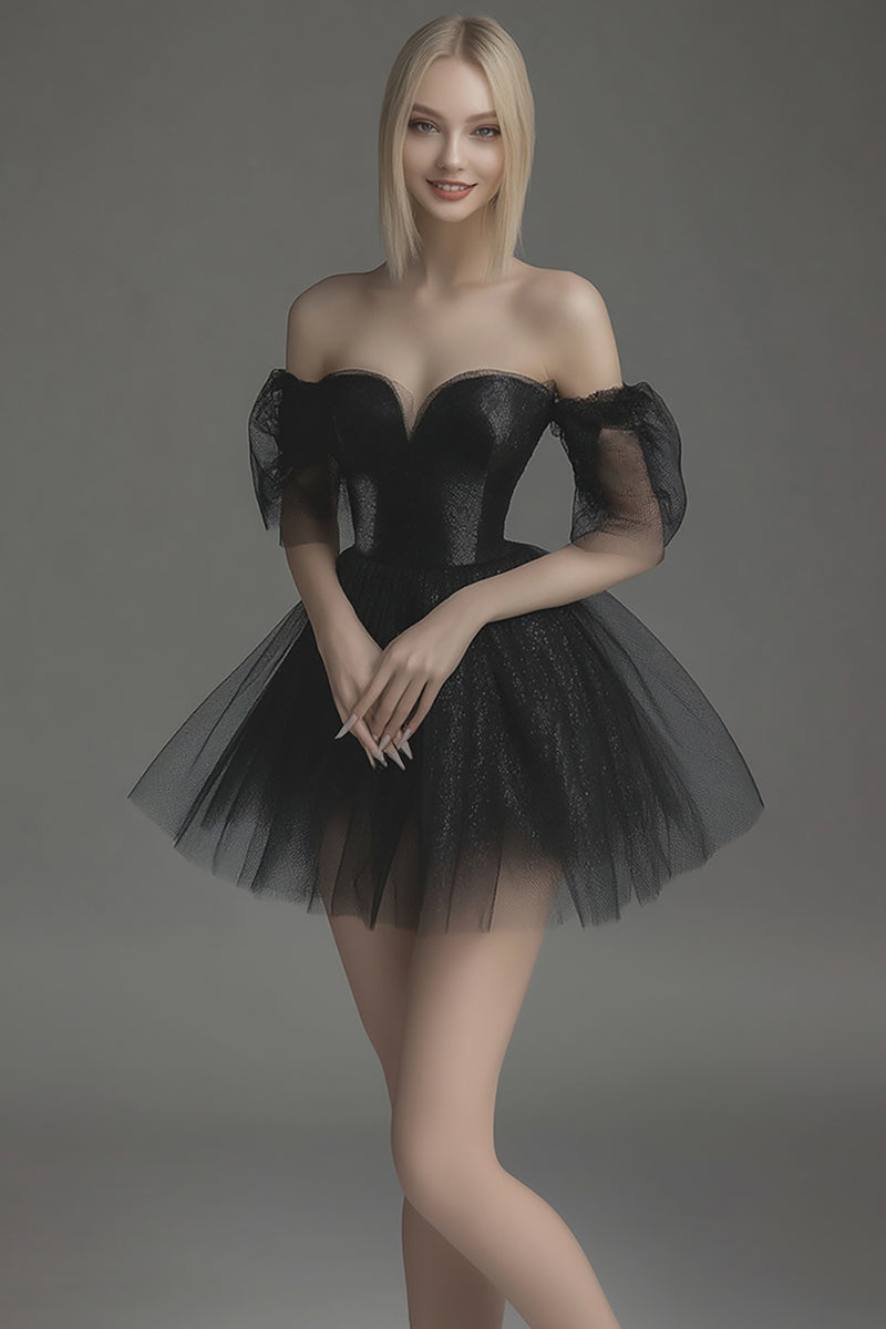 Laden Sie das Bild in den Galerie-Viewer, Schwarzes Glitzer Kurzes Abiballkleid aus Tüll