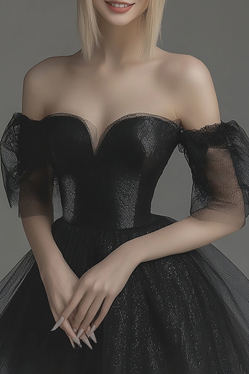 Laden Sie das Bild in den Galerie-Viewer, Schwarzes Glitzer Kurzes Abiballkleid aus Tüll