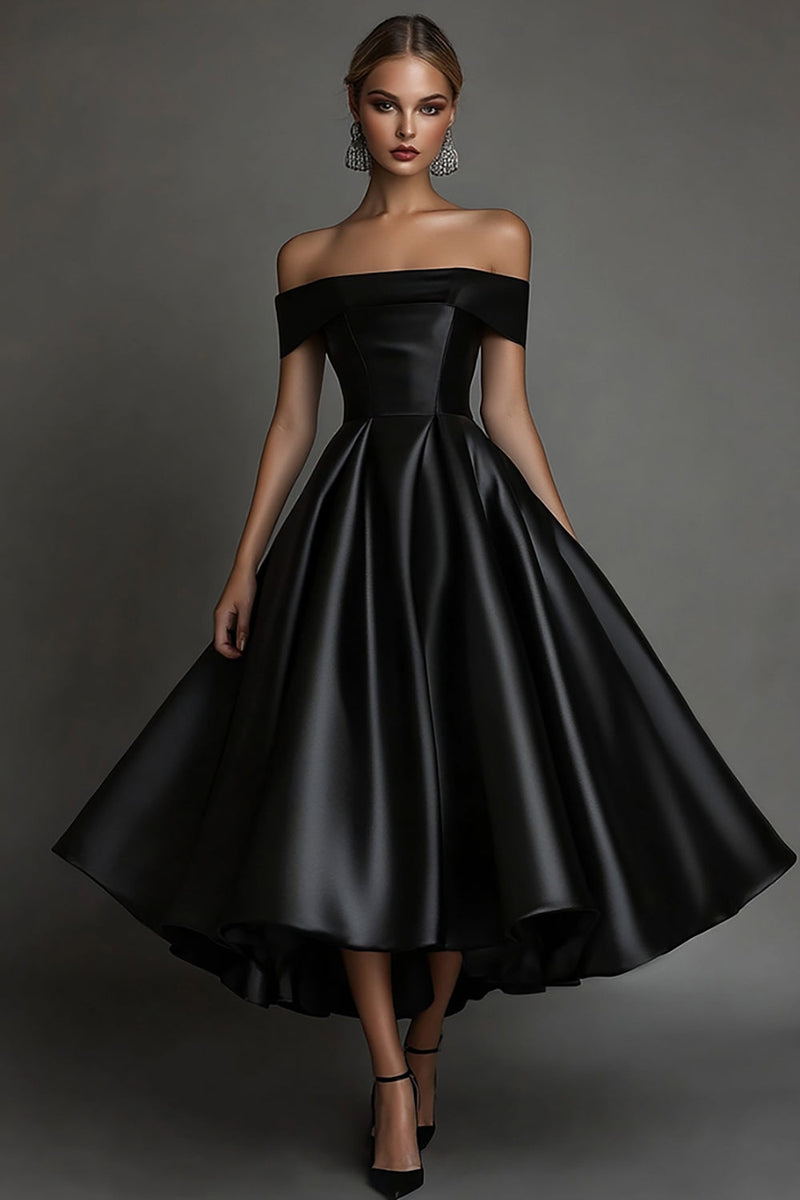 Laden Sie das Bild in den Galerie-Viewer, Einfaches Schwarzes Satin Partykleid in A-Linie