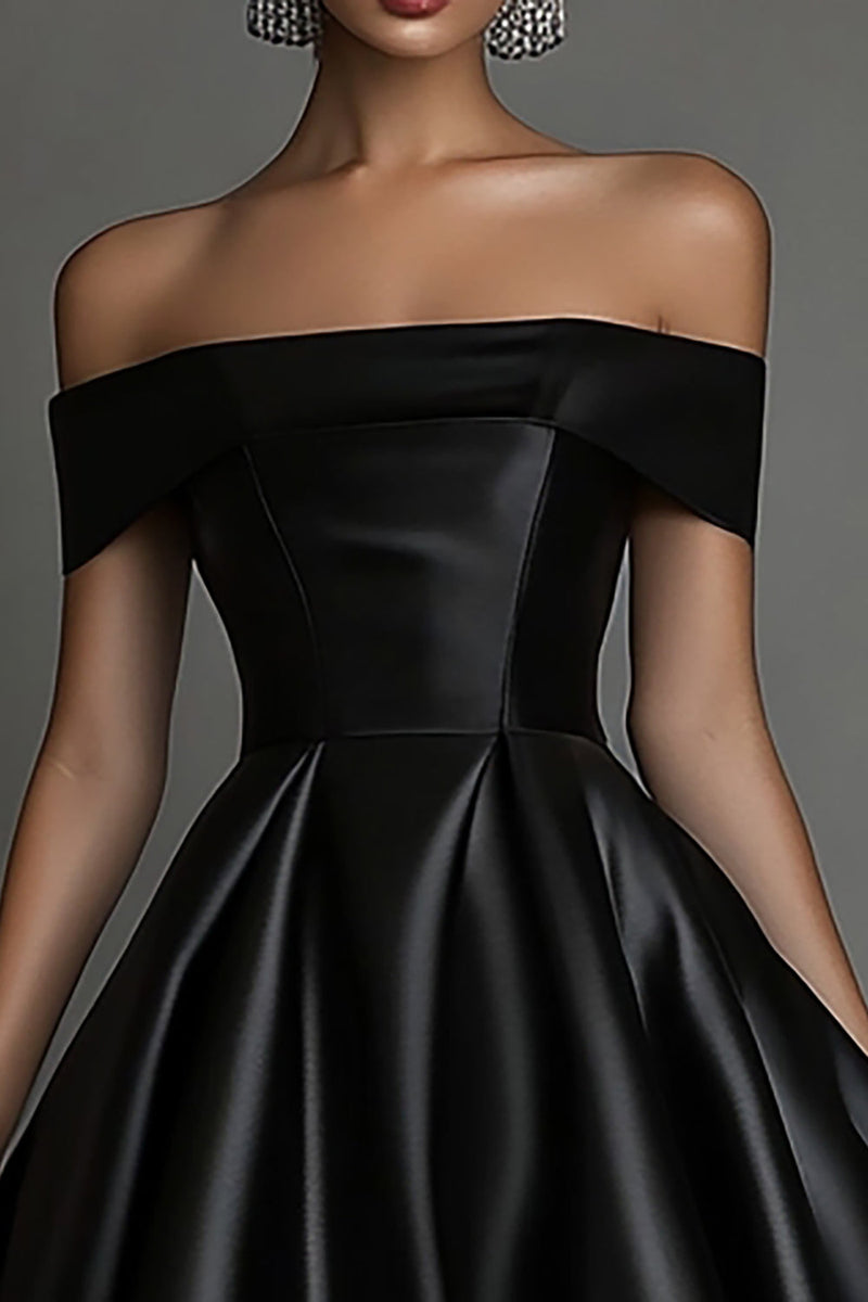 Laden Sie das Bild in den Galerie-Viewer, Einfaches Schwarzes Satin Partykleid in A-Linie