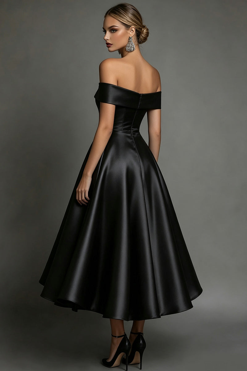 Laden Sie das Bild in den Galerie-Viewer, Einfaches Schwarzes Satin Partykleid in A-Linie