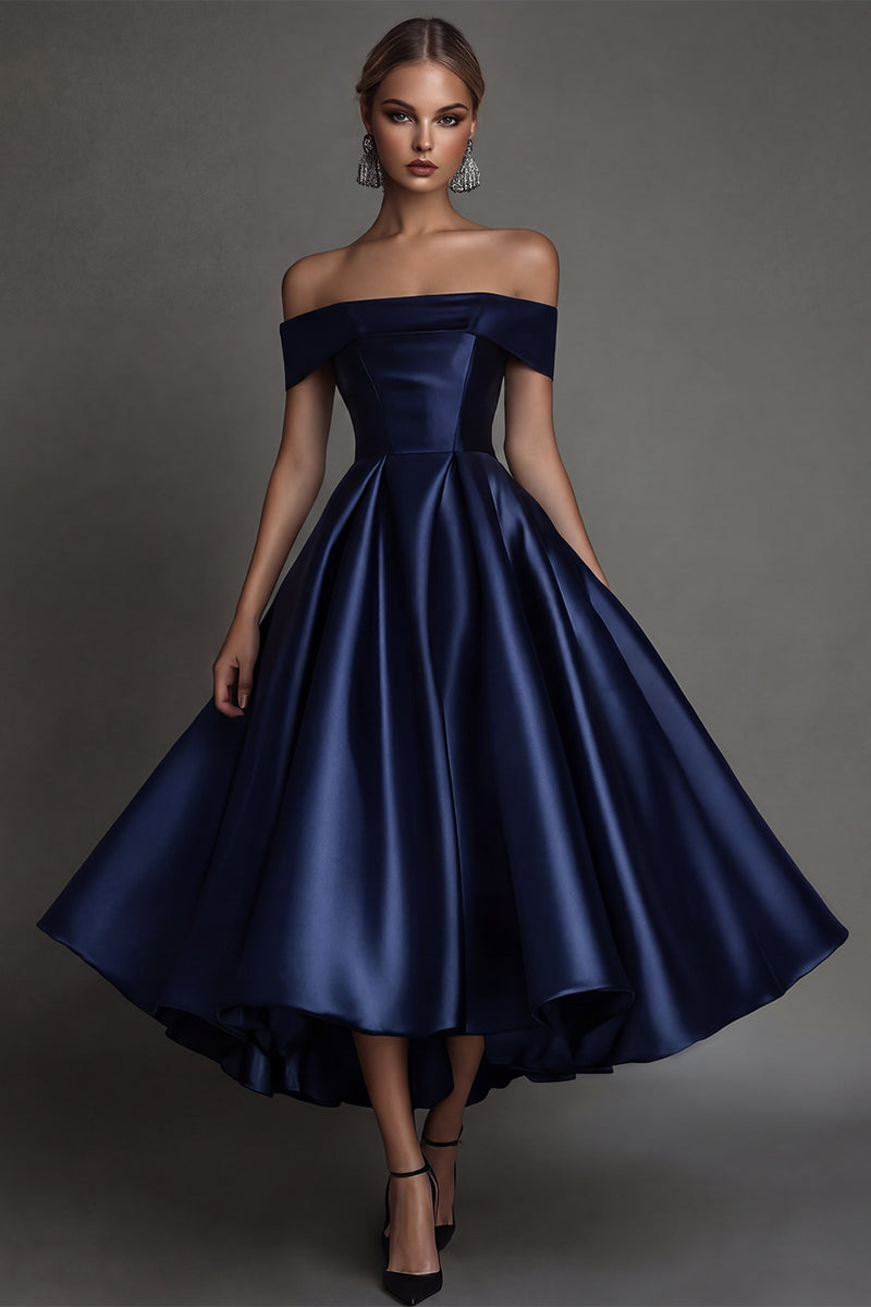 Laden Sie das Bild in den Galerie-Viewer, Einfaches Schwarzes Satin Partykleid in A-Linie
