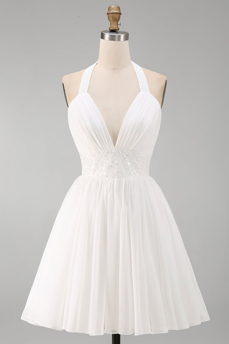 Laden Sie das Bild in den Galerie-Viewer, Neckholder Chiffon A Linie Kleines Weißes Kleid