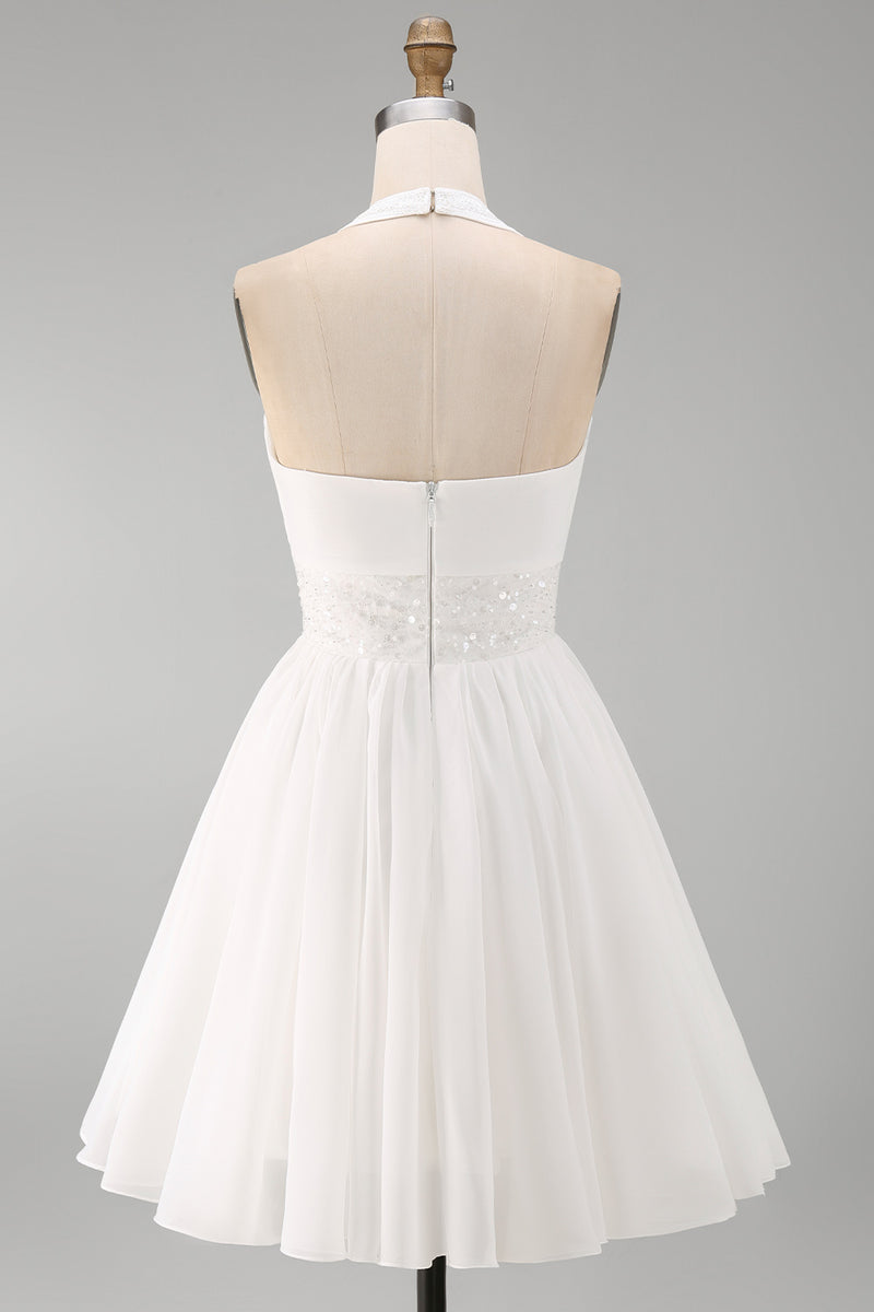 Laden Sie das Bild in den Galerie-Viewer, Neckholder Chiffon A Linie Kleines Weißes Kleid