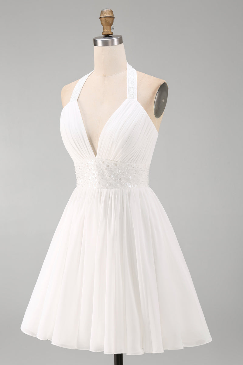 Laden Sie das Bild in den Galerie-Viewer, Neckholder Chiffon A Linie Kleines Weißes Kleid