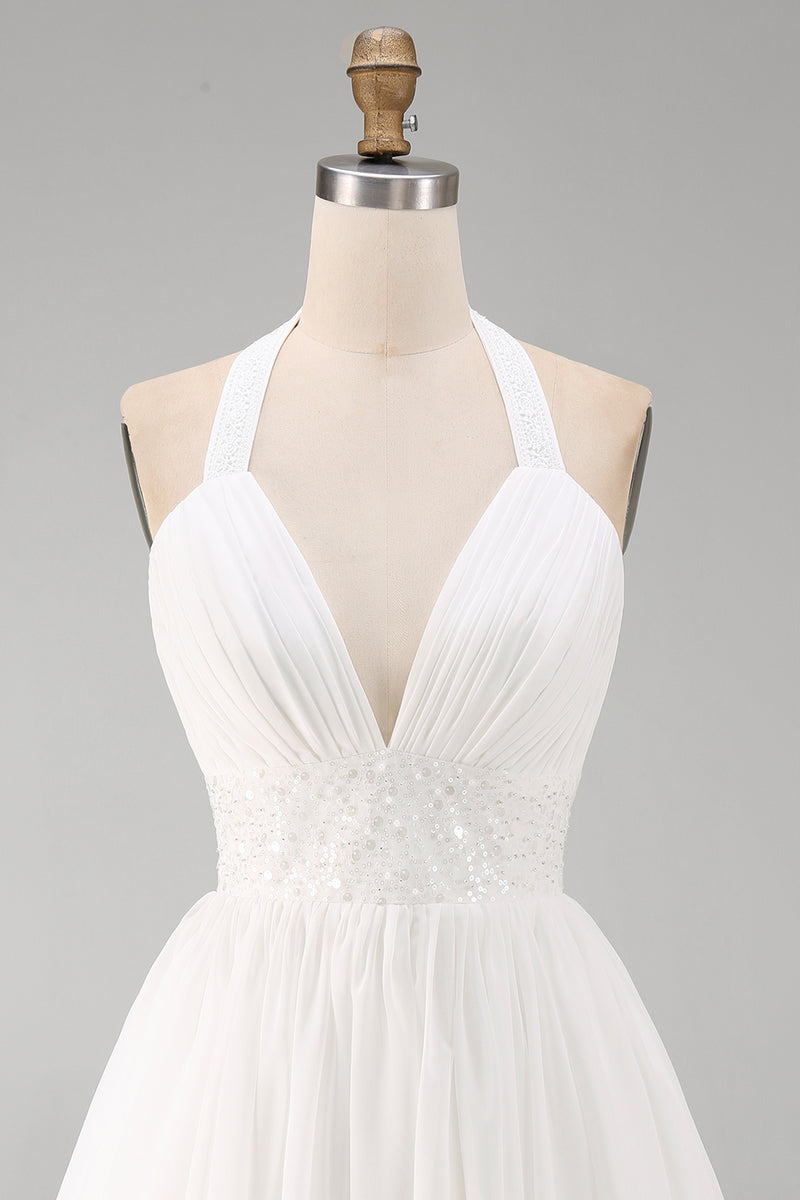 Laden Sie das Bild in den Galerie-Viewer, Neckholder Chiffon A Linie Kleines Weißes Kleid