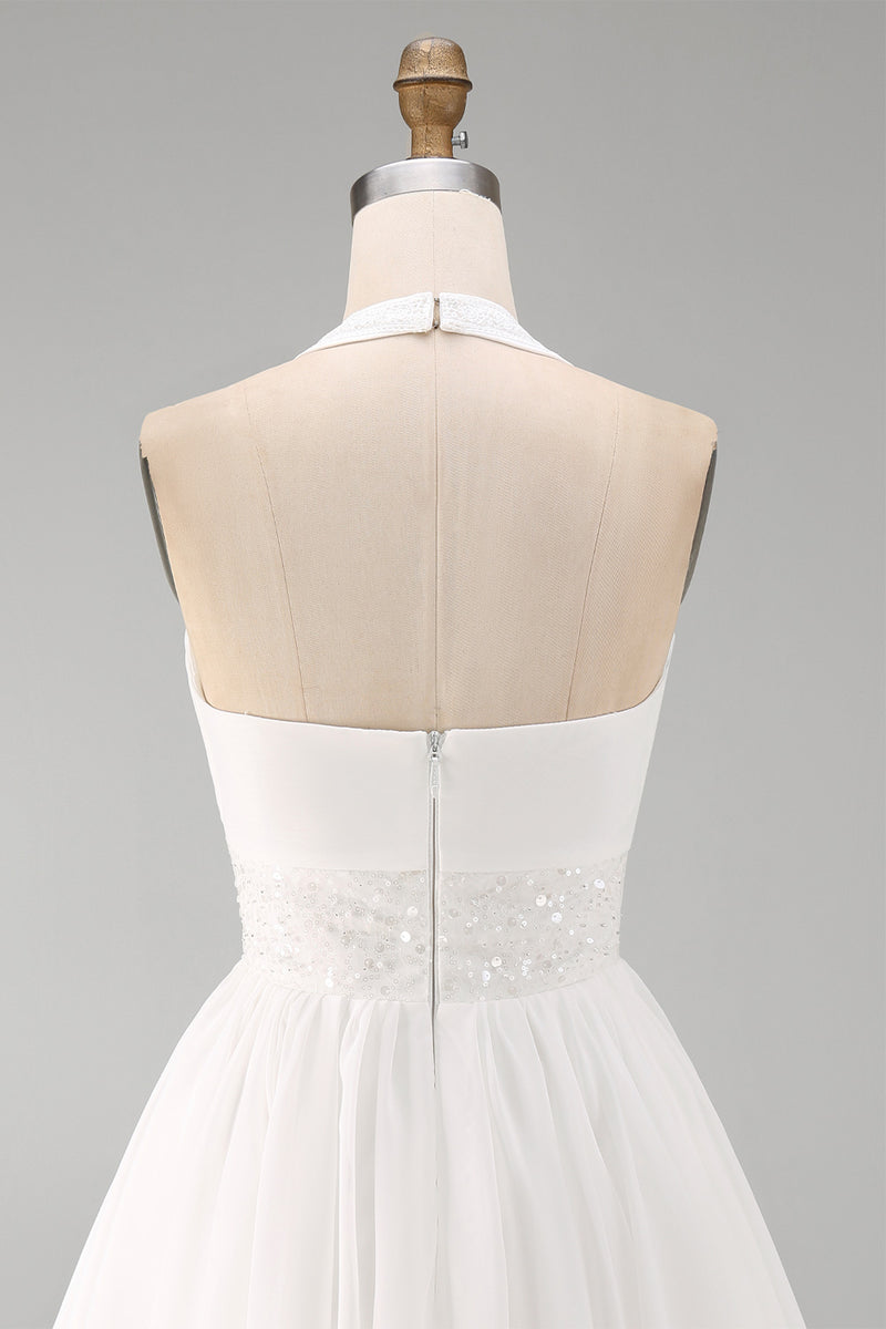 Laden Sie das Bild in den Galerie-Viewer, Neckholder Chiffon A Linie Kleines Weißes Kleid
