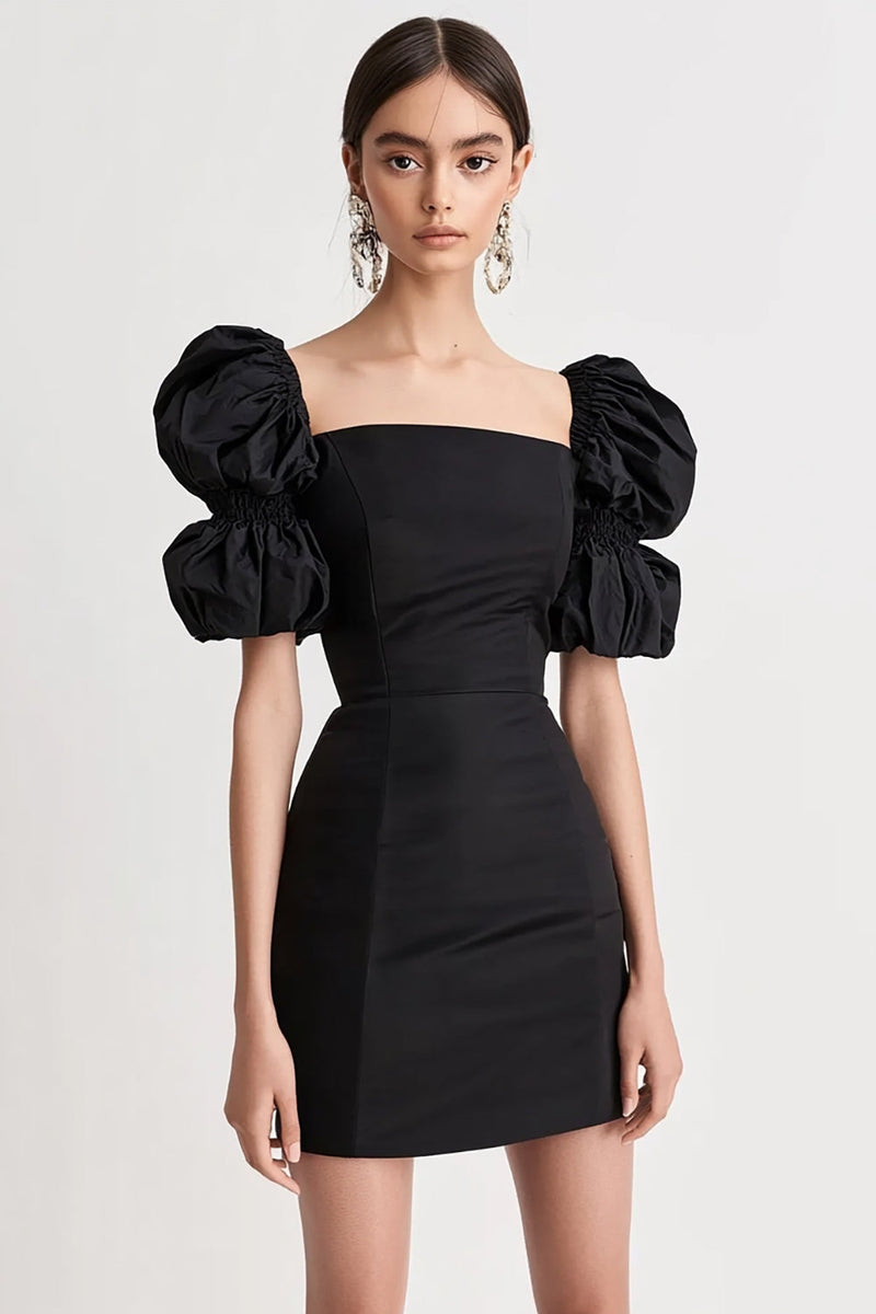 Laden Sie das Bild in den Galerie-Viewer, Puffärmel Etui Schwarzes Kleid mit quadratischem Ausschnitt