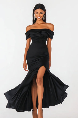 Schulterfreies Meerjungfrauen Schwarz Krawatte Kleid mit Schlitz