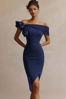 Laden Sie das Bild in den Galerie-Viewer, Schwarzes Bodycon Midi Partykleid aus Satin