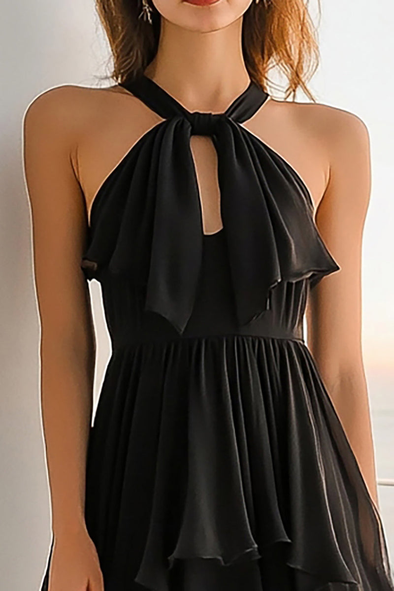 Laden Sie das Bild in den Galerie-Viewer, Schwarzes Chiffon Neckholder A-Linie Abschlusskleid mit Schlüsselloch