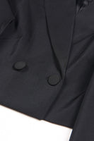 Laden Sie das Bild in den Galerie-Viewer, Schwarze 2-teilige Peak Revers Kurze Frauen Ballanzüge mit Feder