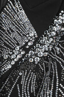 Laden Sie das Bild in den Galerie-Viewer, Glitzernder Schwarzer Doppelrevers-Damen-Ballblazer mit Spitzrevers und Perlenstickerei