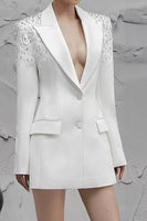 Laden Sie das Bild in den Galerie-Viewer, Weißer Peak Revers Einreihiger Damen Ballblazer mit Pailletten