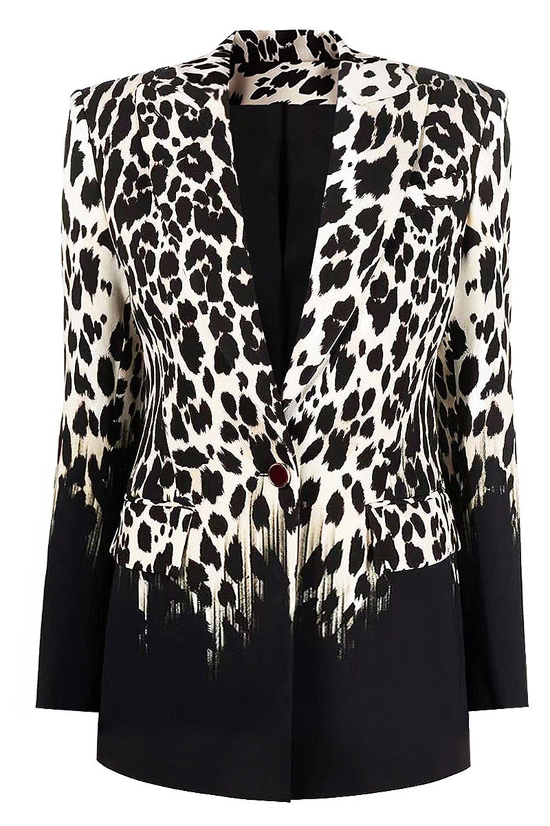 Laden Sie das Bild in den Galerie-Viewer, Schwarzer Leopardenprint Satin Peak Revers Damen Ballblazer