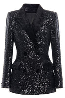 Laden Sie das Bild in den Galerie-Viewer, Glitzernder Schwarzer Pailletten Spitzrevers Doppelrevers Damen Ballblazer