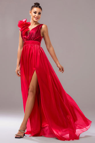 Rotes A-Linie Ballkleid mit V-Ausschnitt und 3D-Blume