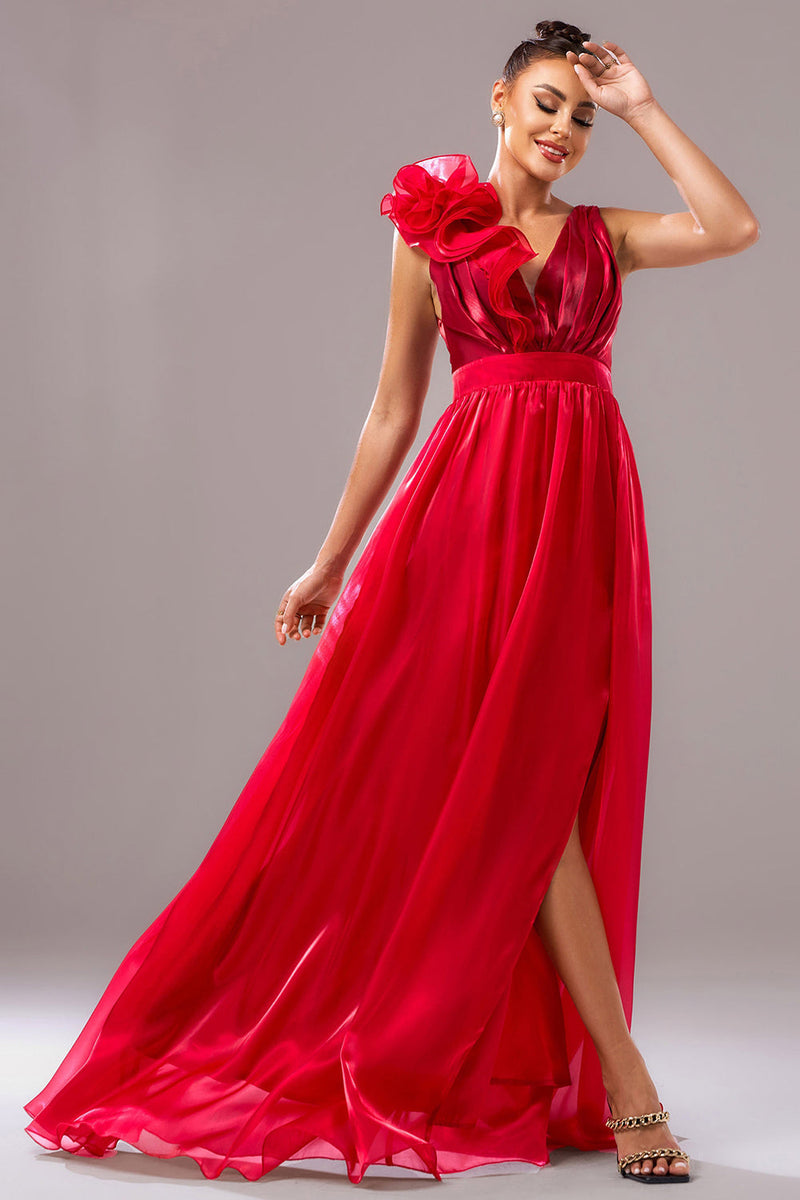 Laden Sie das Bild in den Galerie-Viewer, Rotes A-Linie Ballkleid mit V-Ausschnitt und 3D-Blume