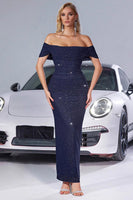 Laden Sie das Bild in den Galerie-Viewer, Glitzerndes Schulterfreies Meerjungfrauen Partykleid in Marineblau