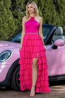 Laden Sie das Bild in den Galerie-Viewer, Neckholder Fuchsia A-Linie Gestuftes Partykleid