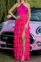 Laden Sie das Bild in den Galerie-Viewer, Neckholder Fuchsia A-Linie Gestuftes Partykleid