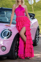 Laden Sie das Bild in den Galerie-Viewer, Neckholder Fuchsia A-Linie Gestuftes Partykleid