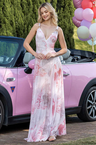 Rosa Bedrucktes A-Linie Partykleid mit V-Ausschnitt