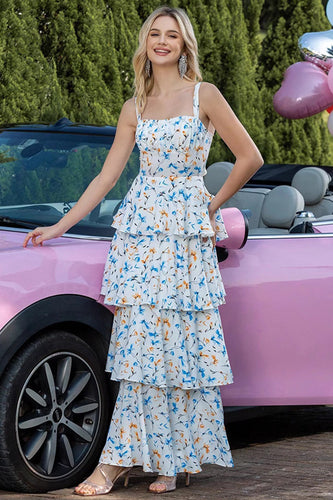 Blaues Geblümtes Gestuftes Partykleid in A-Linie