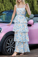 Laden Sie das Bild in den Galerie-Viewer, Blaues Geblümtes Gestuftes Partykleid in A-Linie