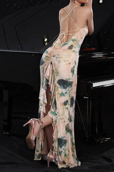 Rosa Bedrucktes Spaghettiträger Meerjungfrauen Partykleid