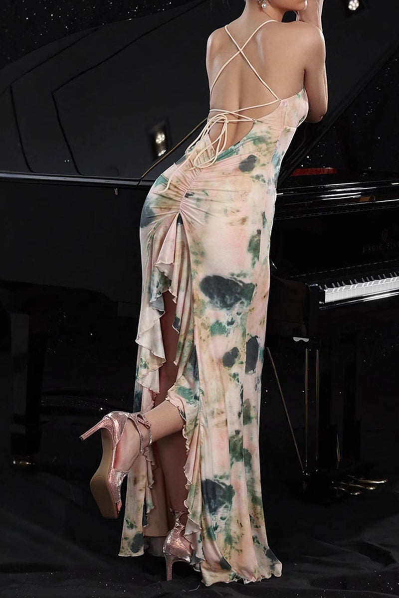 Laden Sie das Bild in den Galerie-Viewer, Rosa Bedrucktes Spaghettiträger Meerjungfrauen Partykleid