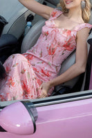 Laden Sie das Bild in den Galerie-Viewer, Rosa Geblümtes Partykleid mit Rüschen in A-Linie