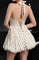 Laden Sie das Bild in den Galerie-Viewer, Elfenbein Neckholder Cocktailkleid mit Polka Dots in A-Linie