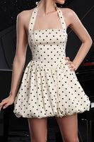 Laden Sie das Bild in den Galerie-Viewer, Elfenbein Neckholder Cocktailkleid mit Polka Dots in A-Linie