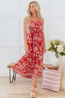 Laden Sie das Bild in den Galerie-Viewer, Rotes Sommerkleid mit Blumenmuster und Spaghettiträgern in A-Linie