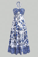 Laden Sie das Bild in den Galerie-Viewer, Weiß Blau Geblümtes Neckholder A-Linie Sommerkleid