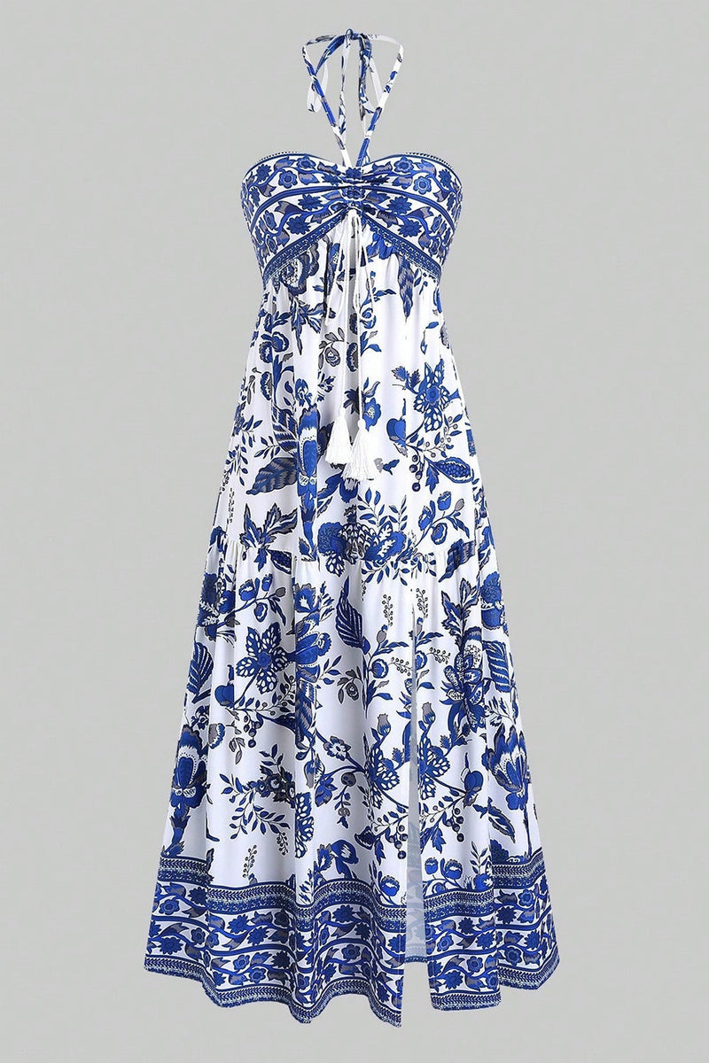 Laden Sie das Bild in den Galerie-Viewer, Weiß Blau Geblümtes Neckholder A-Linie Sommerkleid