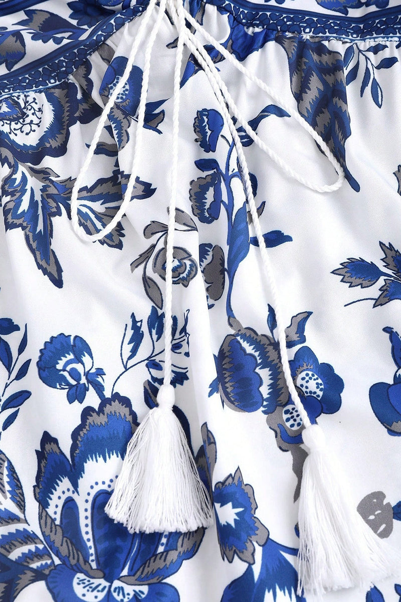 Laden Sie das Bild in den Galerie-Viewer, Weiß Blau Geblümtes Neckholder A-Linie Sommerkleid