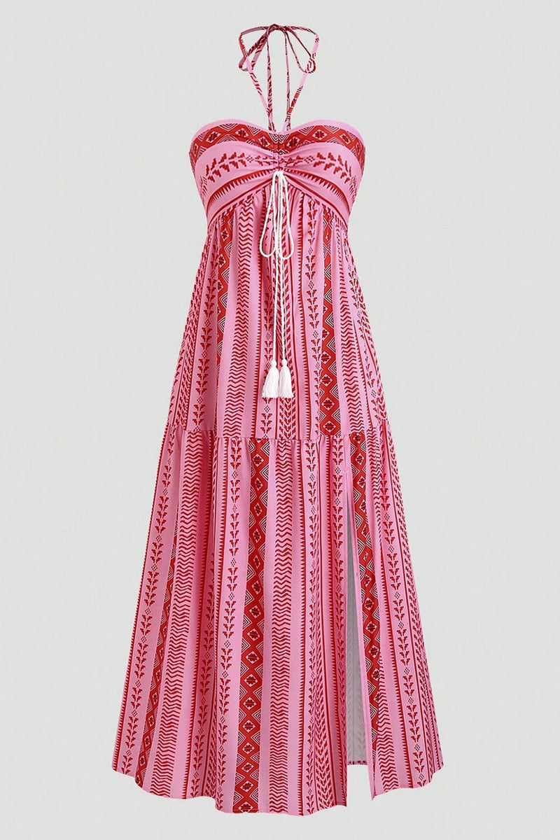 Laden Sie das Bild in den Galerie-Viewer, Weiß Blau Geblümtes Neckholder A-Linie Sommerkleid