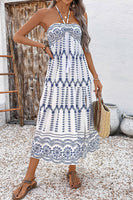 Laden Sie das Bild in den Galerie-Viewer, Weiß Blau Geblümtes Neckholder A-Linie Sommerkleid