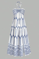 Laden Sie das Bild in den Galerie-Viewer, Weiß Blau Geblümtes Neckholder A-Linie Sommerkleid